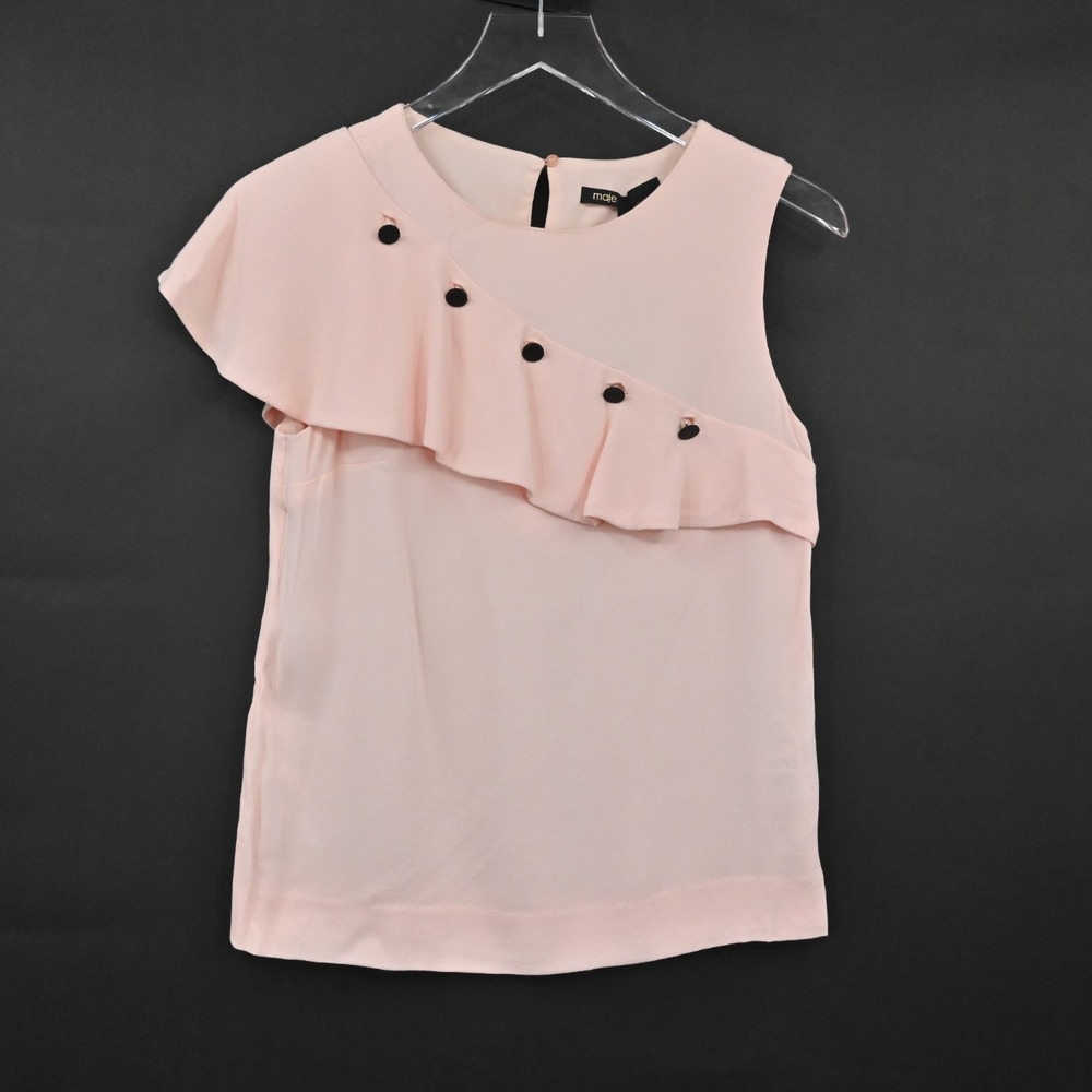 MAJE Womens Lorena Pink Ruffle Top Size S Sleeveless Coquette Black Buttons NEW - Picture 2 of 14